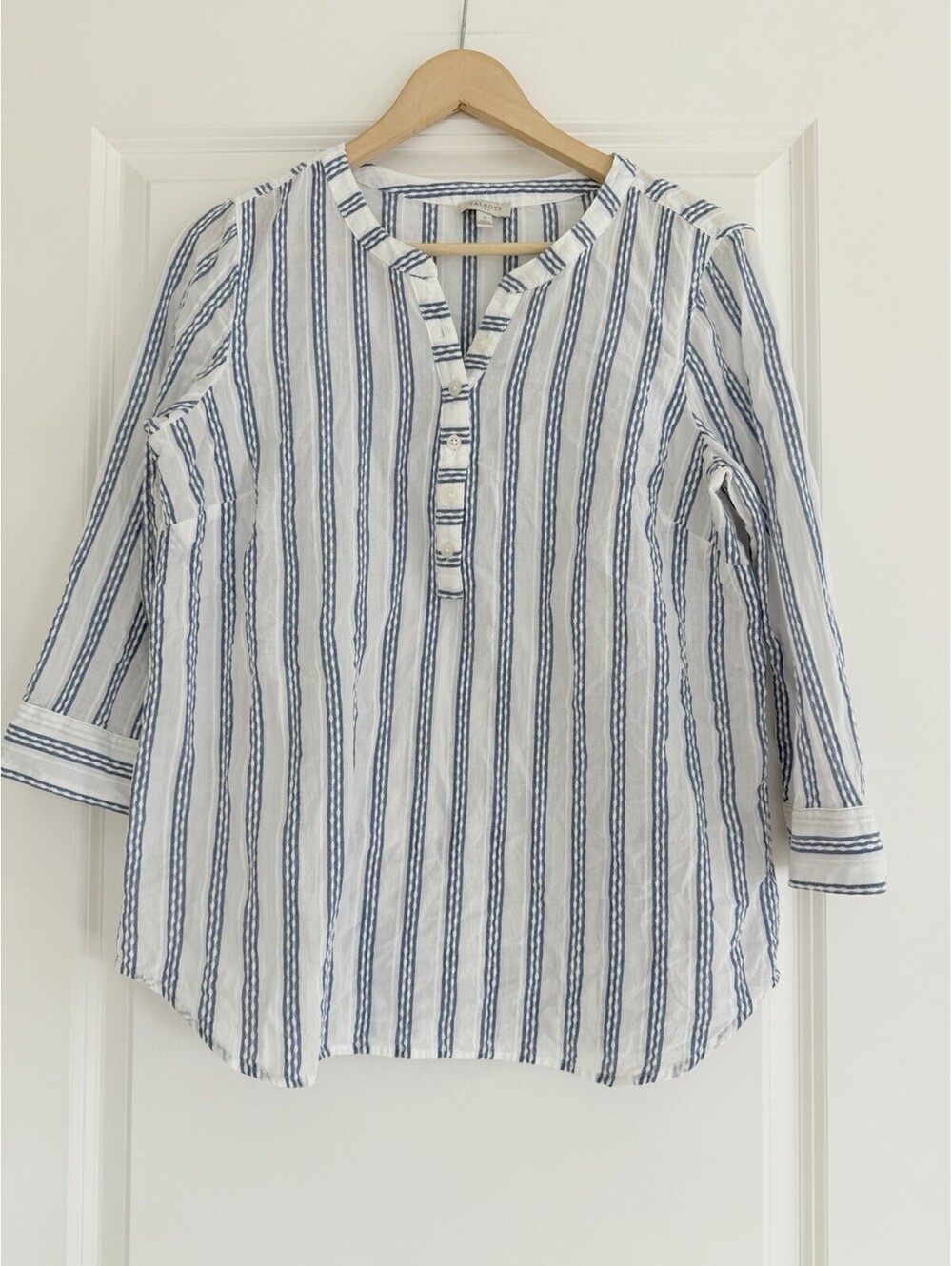 Talbots Women’s Small Blue & White Striped Popover Top 3/4 Sleeve Fisherman